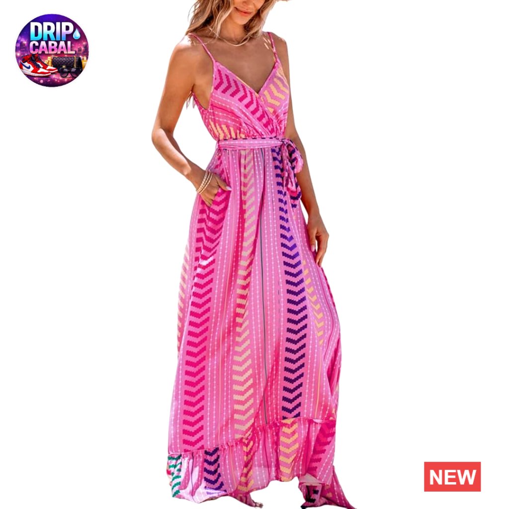V-Neck Sleeveless Maxi Dress With Pockets And Belt